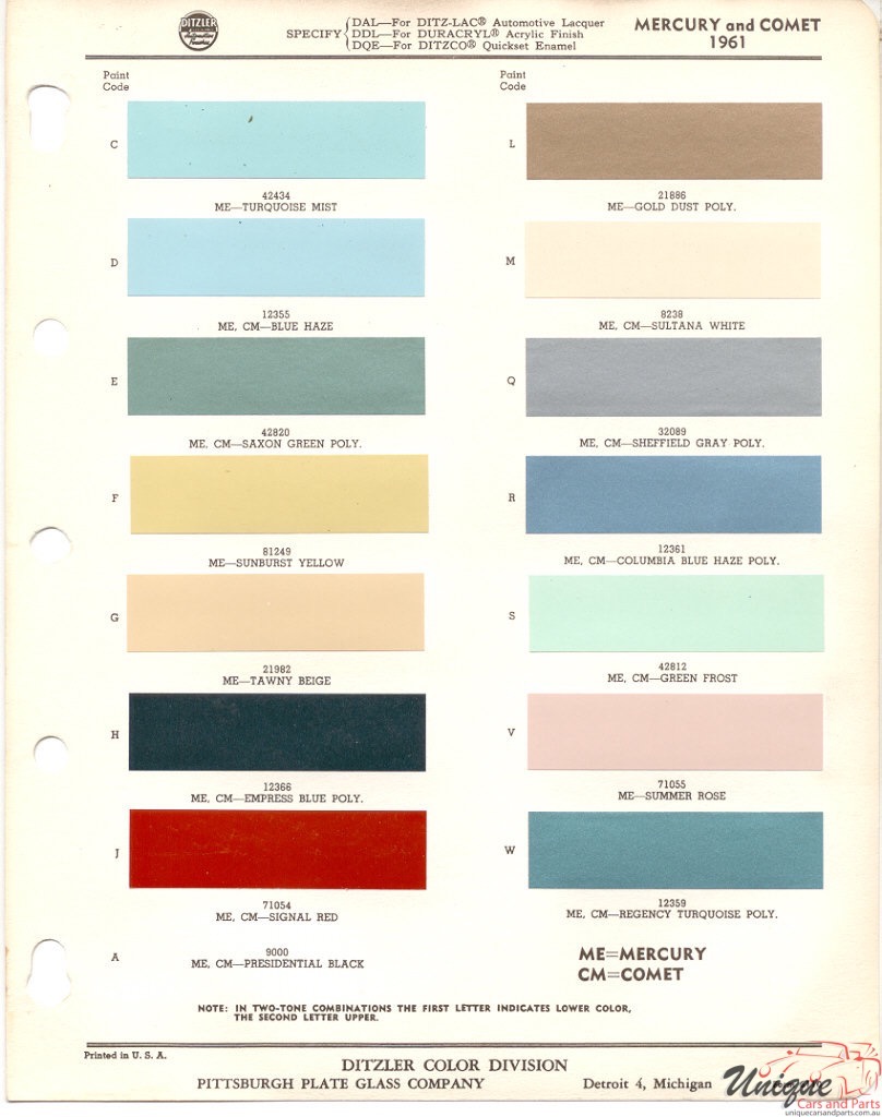 1961 Mercury Comet Paint Charts PPG